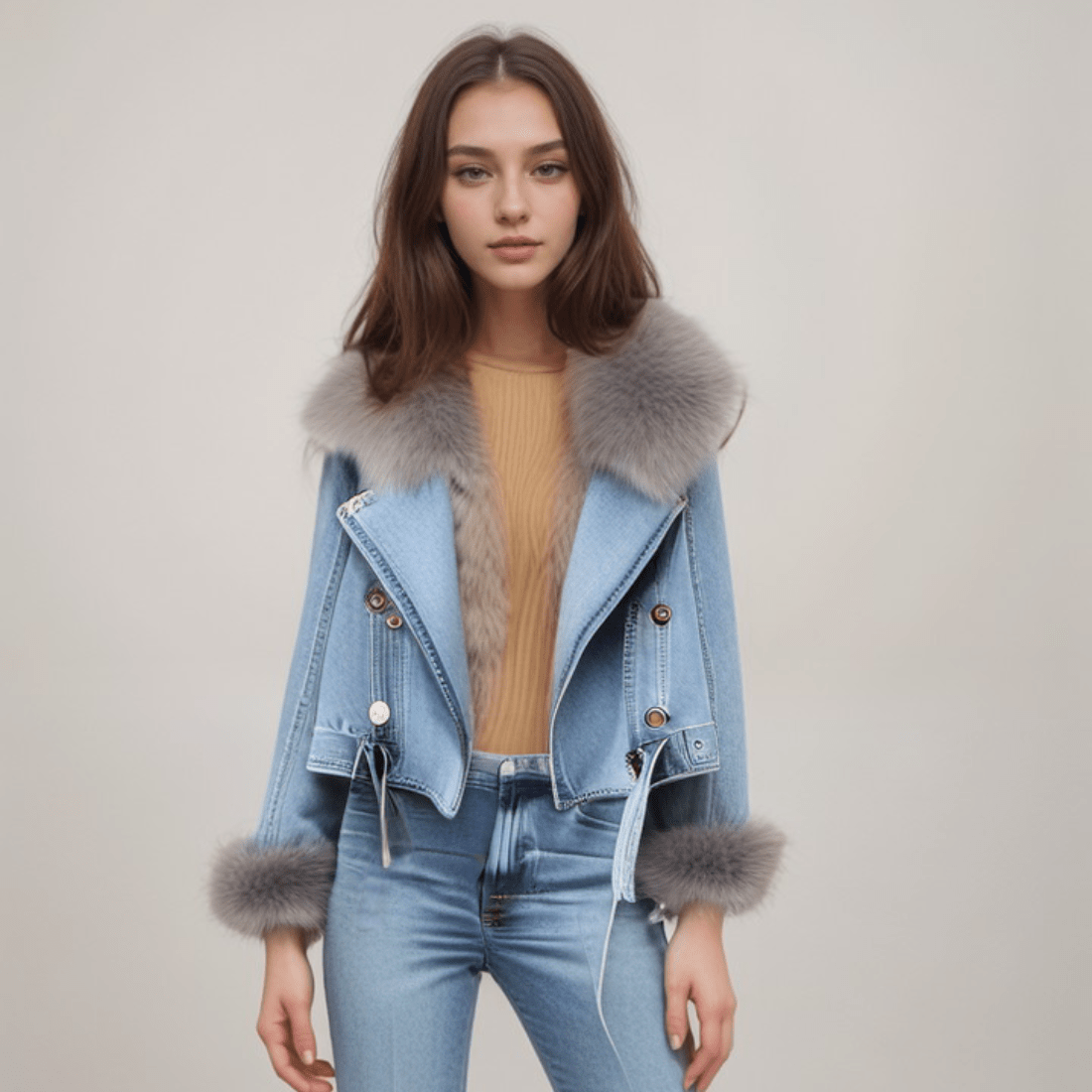 Veste longue en jean fashion fourrée femme